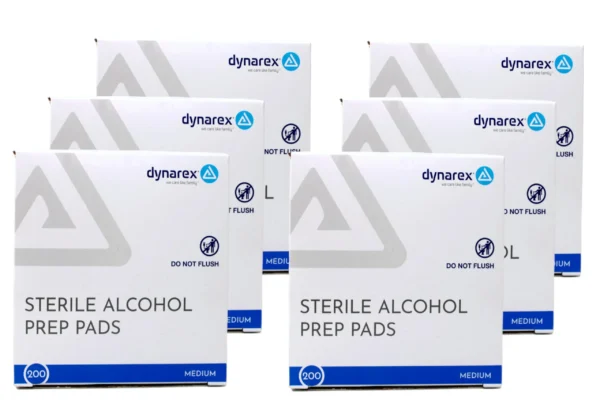 6 Pack Dynarex Alcohol Prep Pads -Medium , 200 Latex Free Sterile Pads Each