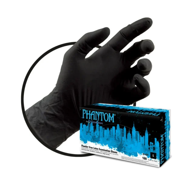 Adenna Black Phantom Latex PF exam gloves- Medium, 1 Box