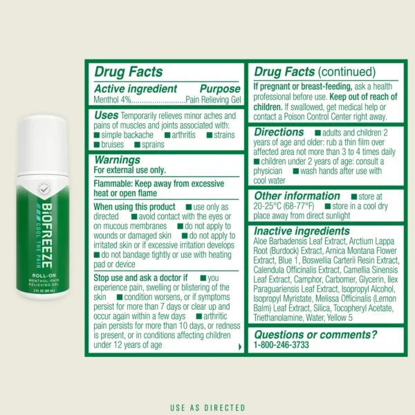 Biofreeze Roll-On Pain-Relieving Gel 3 FL OZ, Green (Pack Of 2) Topical Pain Reliever For Muscles And Joints From Arthritis, Backache, Strains, Bruises, & Sprains - Image 2