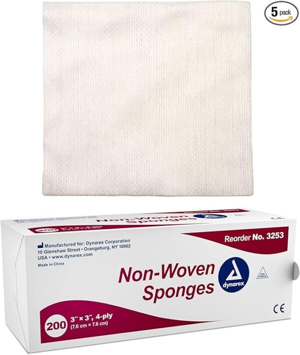 Dynarex Non-Woven Sponges, Non-Sterile, Gauze Sponges, for Cleansing, Prepping and Dressing, Highly-Absorbent and with Less Linting, 4"x 4", 4 Ply, 5 Boxes of 200