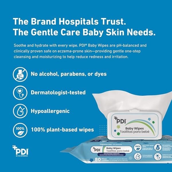 PDI Baby Wipes, Hypoallergenic, Eczema Safe, Fragrance Free, Plant-Based Wipes, Flip-Top Lid, 12 Packs of 80 Wipes Each (960Total Wipes) - Image 4