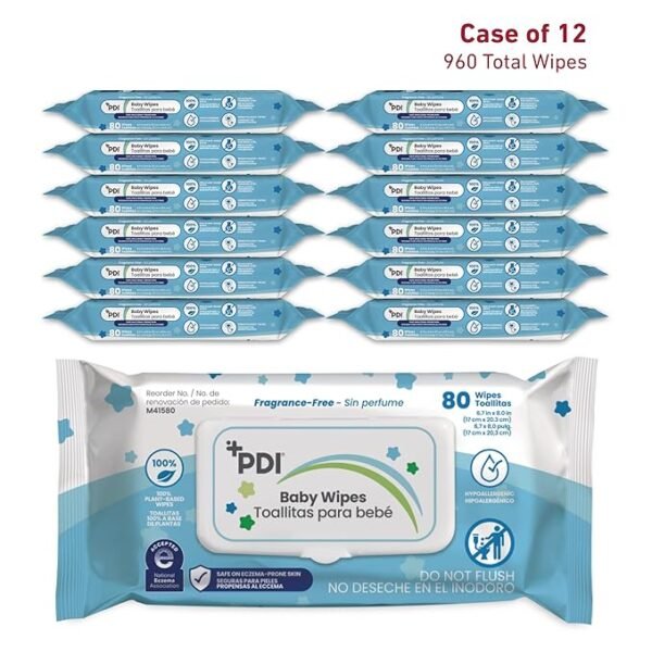 PDI Baby Wipes, Hypoallergenic, Eczema Safe, Fragrance Free, Plant-Based Wipes, Flip-Top Lid, 12 Packs of 80 Wipes Each (960Total Wipes)