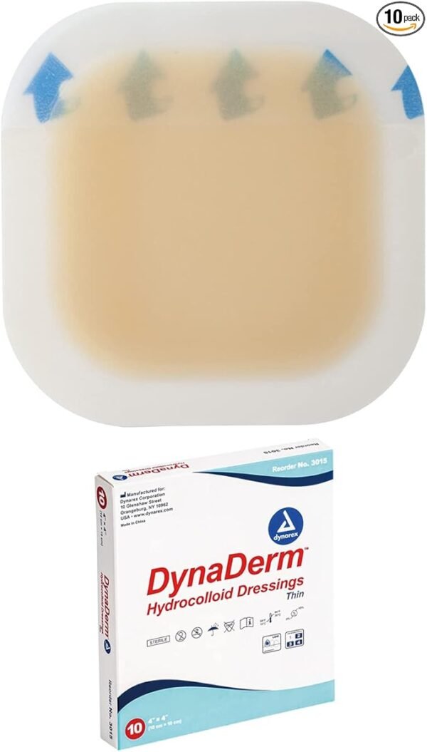 Dynarex DynaDerm Hydrocolloid Dressings, Sterile Moist Bandages Used for All Kinds of Wounds, 4" x 4", Thin & Latex-Free, Peel-Down Patches - 1 Box of 10 Dressings