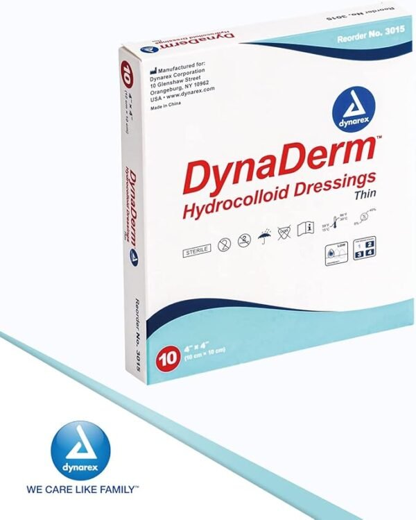 Dynarex DynaDerm Hydrocolloid Dressings, Sterile Moist Bandages Used for All Kinds of Wounds, 4" x 4", Thin & Latex-Free, Peel-Down Patches - 1 Box of 10 Dressings - Image 7