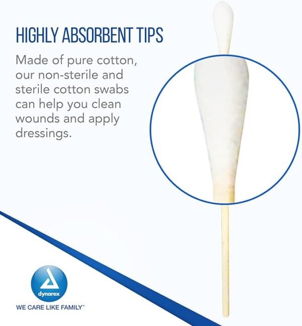 Dynarex 4305 Sterile Cotton Tipped Applicator,6" Length, Single-Use Wooden Cotton Tip Applicator for Wound Care & Dressing, Hygiene, Make Up, Cleaning Tool, Jewelry, Pack of 2000 - Image 3