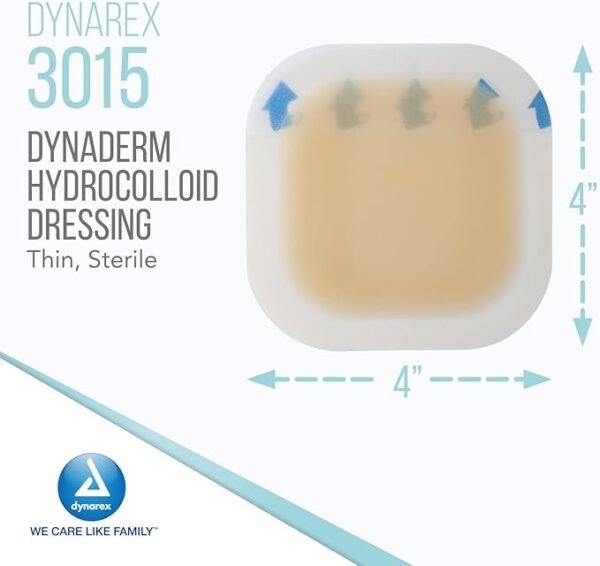 Dynarex DynaDerm Hydrocolloid Dressings, Sterile Moist Bandages Used for All Kinds of Wounds, 4" x 4", Thin & Latex-Free, Peel-Down Patches - 1 Box of 10 Dressings - Image 2