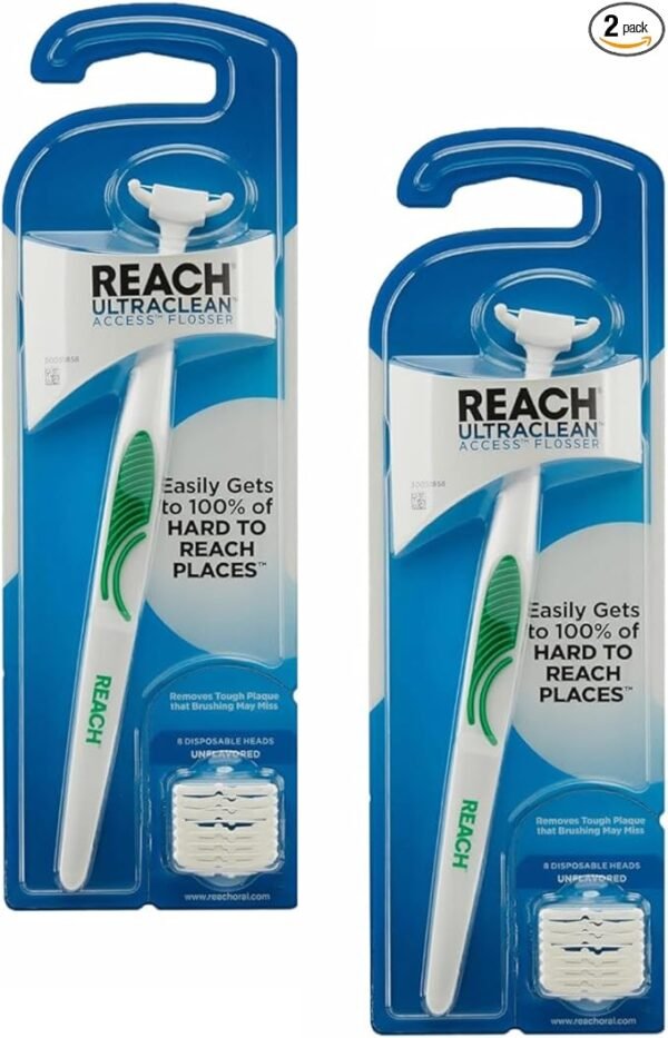 REACH Ultraclean Access Flosser + 8 Refill Dental Flosser Heads, Oral Care and Hygiene (Pack of 2)