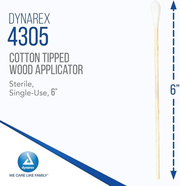 Dynarex 4305 Sterile Cotton Tipped Applicator,6" Length, Single-Use Wooden Cotton Tip Applicator for Wound Care & Dressing, Hygiene, Make Up, Cleaning Tool, Jewelry, Pack of 2000 - Image 2