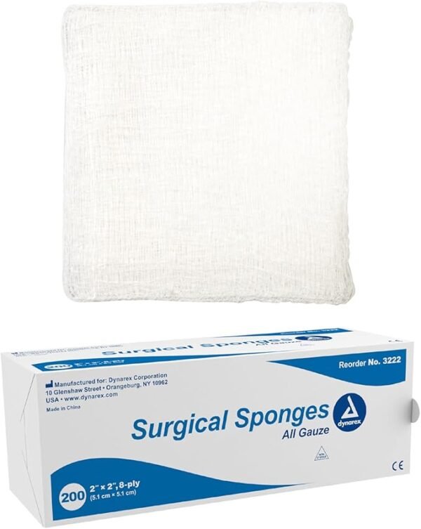 Dynarex Surgical Gauze Sponges- Absorbent Cotton Fabric With Folded Edges - Soft, Durable, Non-Sterile Dressing - 2x2", 8-Ply - Sleeve of 200 Sponges