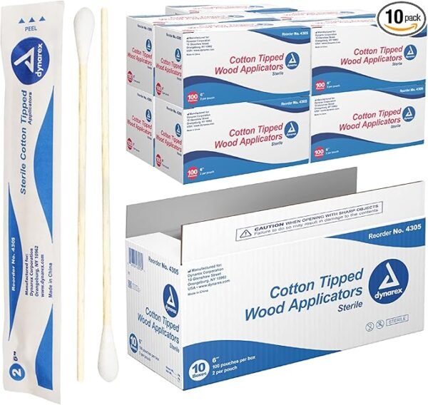 Dynarex 4305 Sterile Cotton Tipped Applicator,6" Length, Single-Use Wooden Cotton Tip Applicator for Wound Care & Dressing, Hygiene, Make Up, Cleaning Tool, Jewelry, Pack of 2000