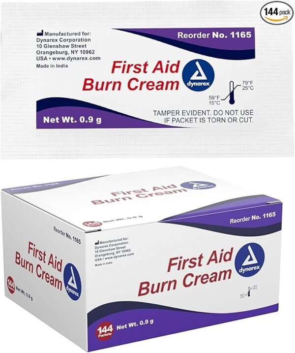 Dynarex First Aid Burn Cream - Burn Ointment For Minor Cuts, Wounds, Burns - Single Dose Water-Based Formula with Benzalkonium Chloride - For Medical & Home Care - 0.9g Packets, Box of 144