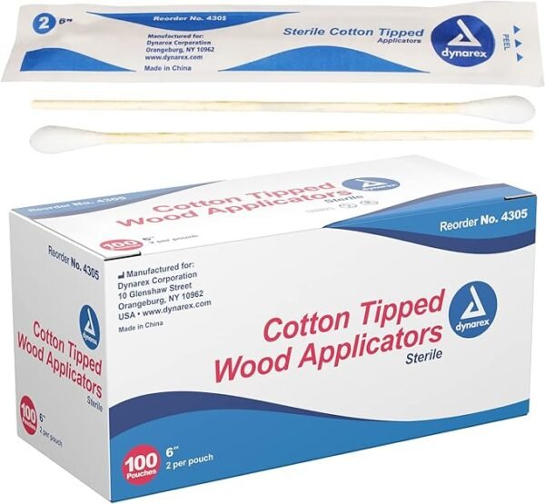 Dynarex 6-Inch Sterile Cotton Tipped Applicators - Single-Use Wooden Cotton Tip Applicators for Wound Care & Dressing, Hygiene, Make Up, Cleaning Tools, Jewelry - 1 Box of 100 Pouches, 2 per Pouch