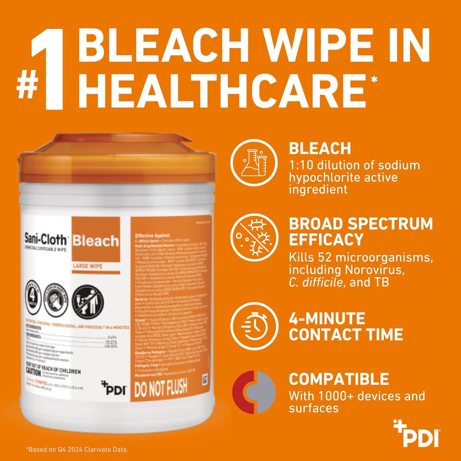 Sani-Cloth Bleach Disposable Wipes, Full Case, Hospital-Grade Surface Disinfecting Wipes for Healthcare and Bathroom, Large Wipe, 6" x 10.5", 75 Wipes per Canister, 12 Canisters Total, 900 Total Wipes - Image 3