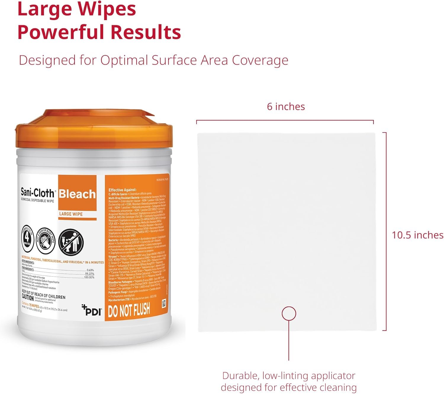 Sani-Cloth Bleach Disposable Wipes, Full Case, Hospital-Grade Surface Disinfecting Wipes for Healthcare and Bathroom, Large Wipe, 6" x 10.5", 75 Wipes per Canister, 12 Canisters Total, 900 Total Wipes - Image 8
