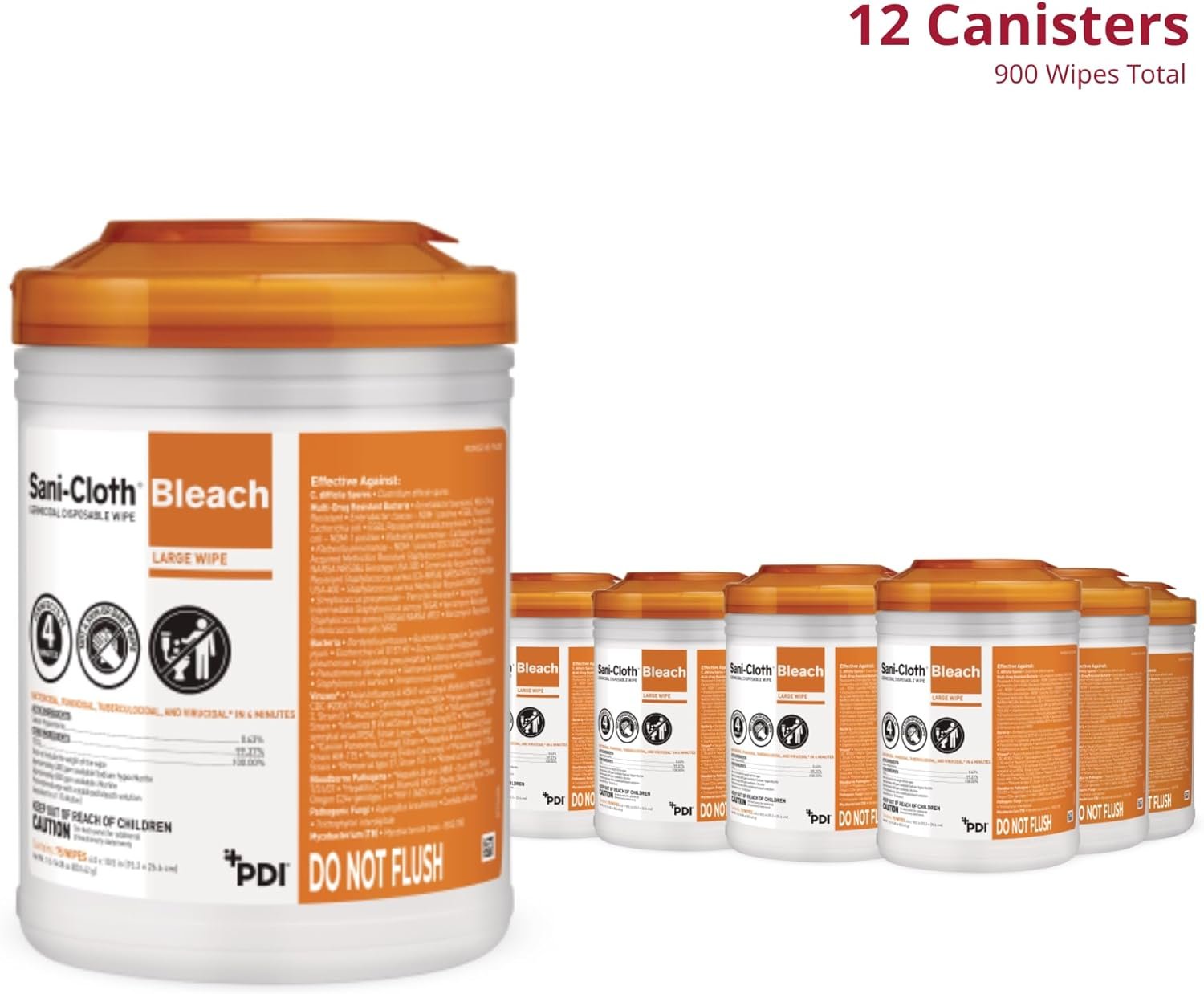 Sani-Cloth Bleach Disposable Wipes, Full Case, Hospital-Grade Surface Disinfecting Wipes for Healthcare and Bathroom, Large Wipe, 6" x 10.5", 75 Wipes per Canister, 12 Canisters Total, 900 Total Wipes