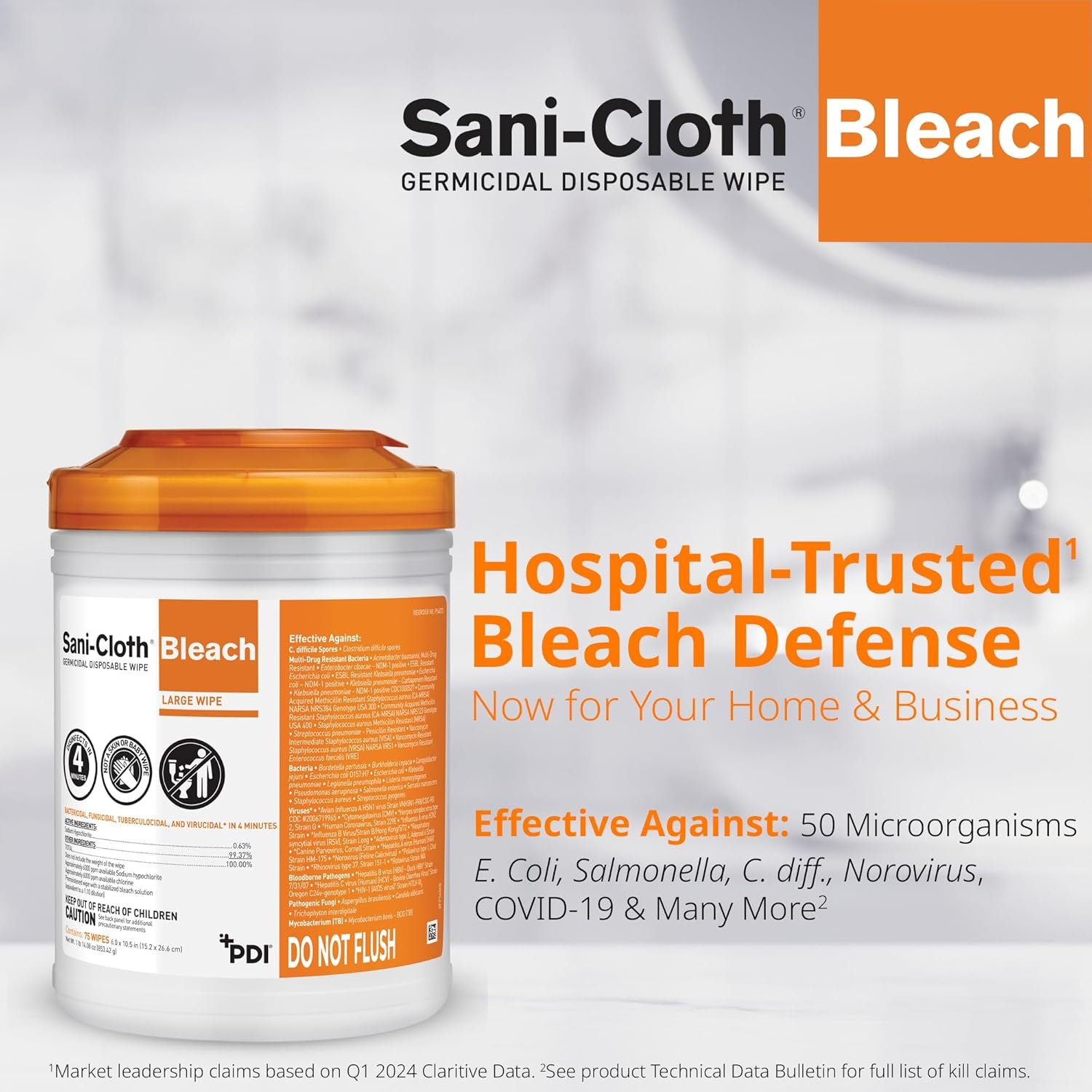 Sani-Cloth Bleach Disposable Wipes, Full Case, Hospital-Grade Surface Disinfecting Wipes for Healthcare and Bathroom, Large Wipe, 6" x 10.5", 75 Wipes per Canister, 12 Canisters Total, 900 Total Wipes - Image 7
