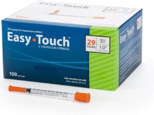 Easy Touch 29 Gauge U-100 Insulin Syringes (29G 1cc 1/2”) with 1/2” Long Needle, 1cc (100 Unit Capacity), Bold Markings for Accurate Dosing, Disposable, Box of 100